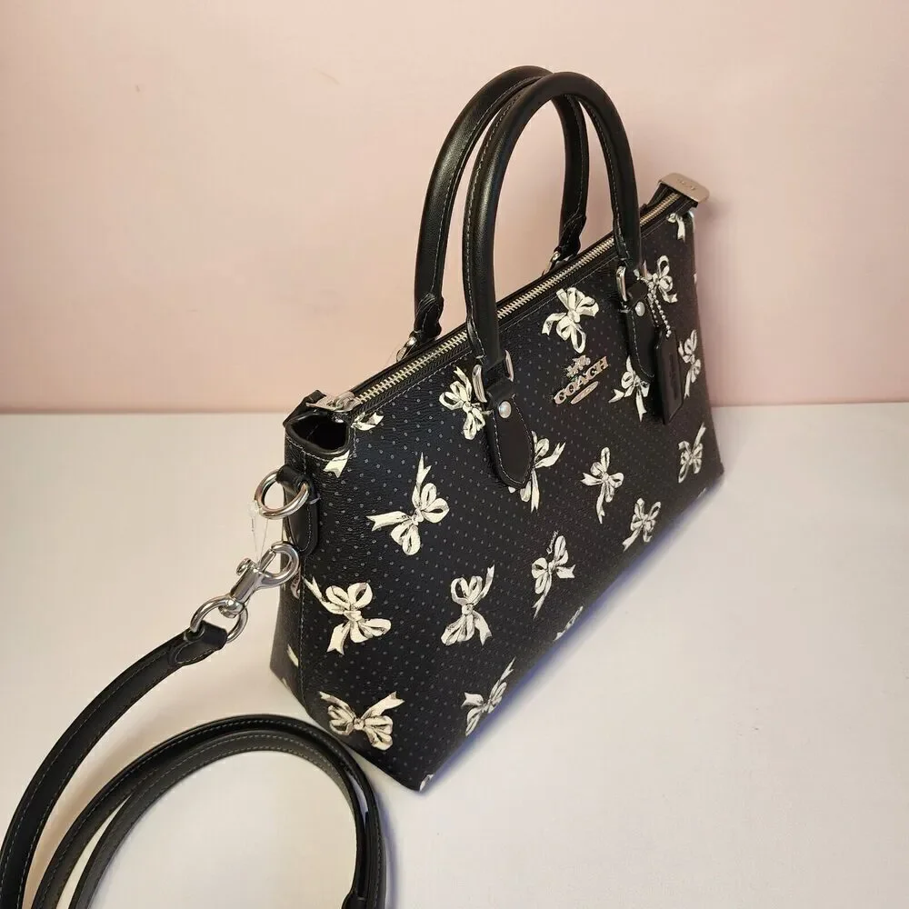 NWT COACH CAA76 Georgia Stachel Bag Bow Print Coated Canvas Silver/Black